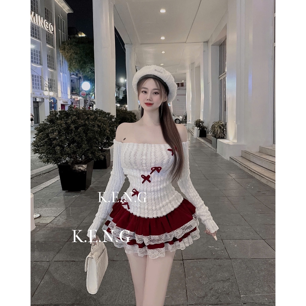 Set váy mùa đông Noel áo len ren quảng châu cao cấp đính nơ chân váy nhung tầng phối ren siêu đẹp si