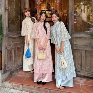  Set áo dài nữ cách tân chất lụa mềm in hoa Maian áo cổ tàu dáng suông phối đính nơ chéo kèm quần lụa bóng mặc tết S5265 