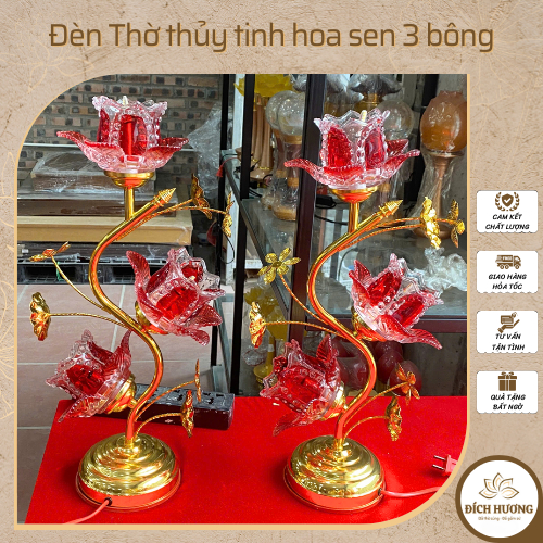 Đèn Thờ thủy tinh hoa sen 3 bông, đèn thờ hoa sen đỏ vàng, đèn thờ bóng LED tiết kiệm điện (giá 1 chiếc)