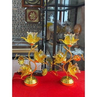 Đèn Thờ thủy tinh hoa sen 3 bông, đèn thờ hoa sen đỏ vàng, đèn thờ bóng LED tiết kiệm điện (giá 1 chiếc)