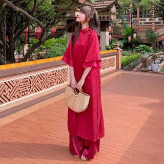  Set áo dài nữ truyền thống chất lụa gấm tay 2 lớp Maian áo cổ tàu phối nơ 2 tà dáng suông kèm  quần lụa ống rộng S5268 