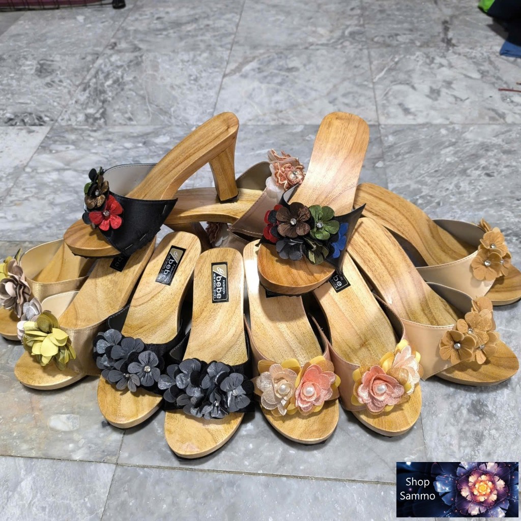 Guốc Gỗ Guốc Mộc Cao 9 Phân Đế Vuông Quai Bông ( đế cao su 2 lớp )