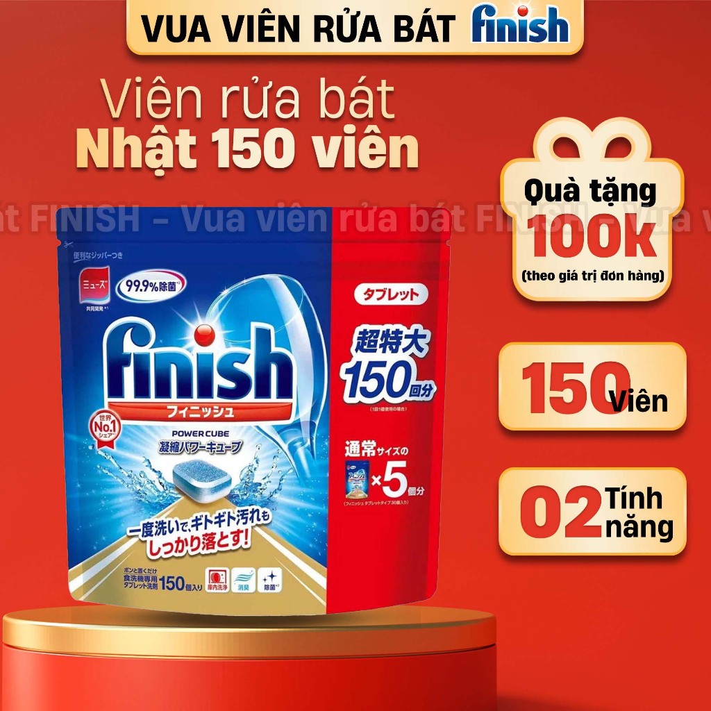FINISH Nhật túi 150 Viên tẩy rửa máy rửa bát chén chính hãng 100v 100 150v all in 1 power cube 6 tính năng