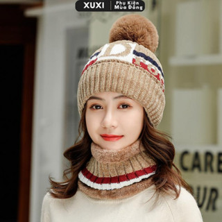 Mũ len nữ hàn quốc kèm khăn quàng cổ mùa đông Zozo nón len trùm đầu lót lông chất liệu len giữ ấm phụ kiện thời trang