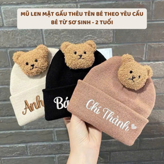 (THÊU TÊN) Mũ Len Cho Bé, Mũ Len Đính Gấu Thêu Tên Theo Yêu Cầu Phong Cách Hàn Quốc, Mũ Len Dệt Kim Len Mềm Mịn Siêu Ấm