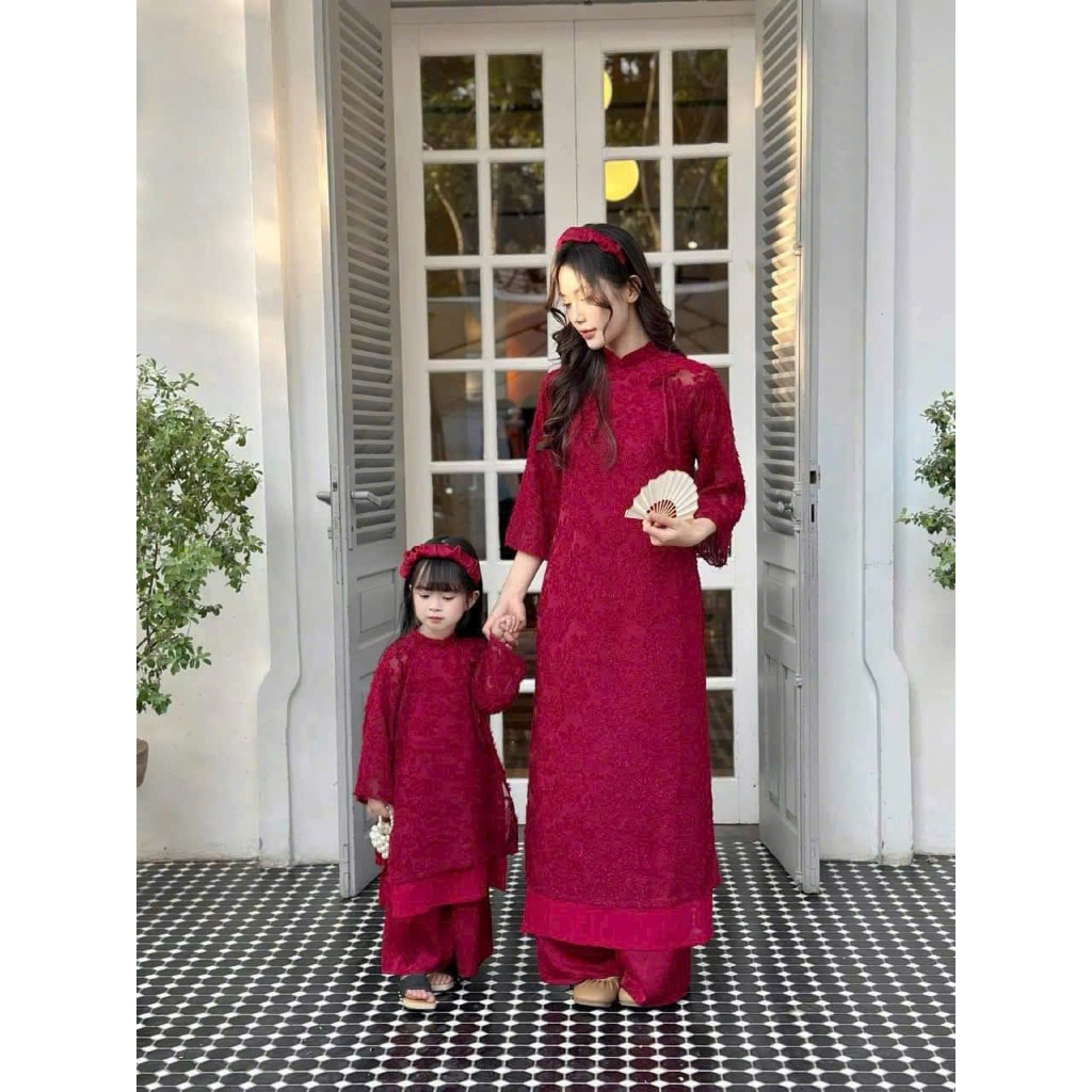 MB02 - Áo Dài cặp MẸ và BÉ lông vũ phối nơ