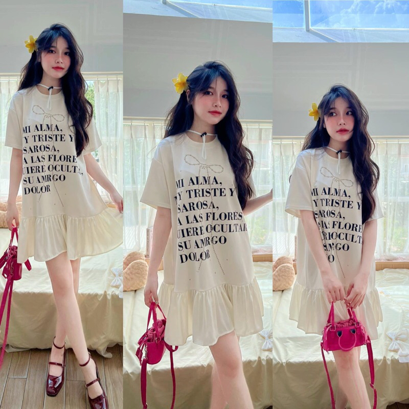 đầm thun suông chữ phối lụa xoè