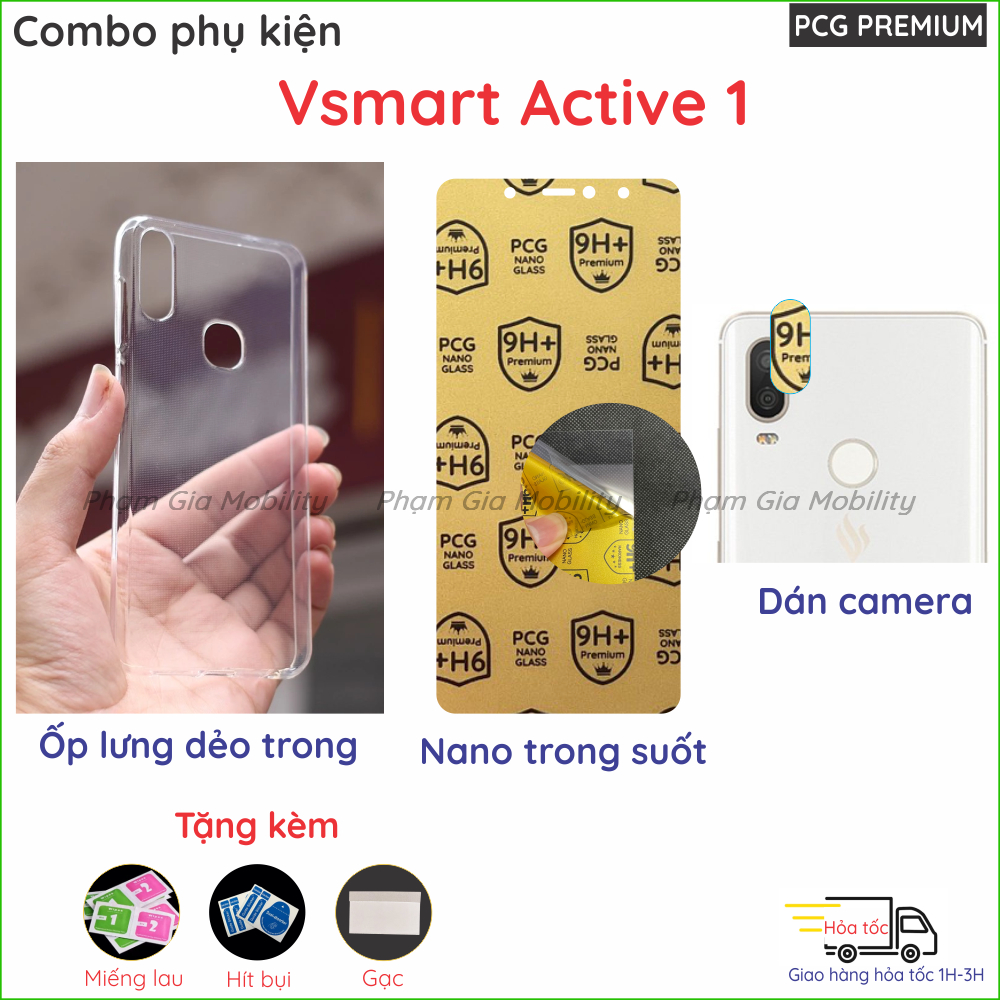 Combo phụ kiện dán cường lực, ốp lưng Vsmart Active 1 nano dẻo trong