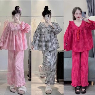 Bộ đồ ngủ, set pijama mặc ở nhà nữ bộ pijama kẻ caro áo dài quần dài chất đũi gân dáng babydoll tiểu thư cute CARY