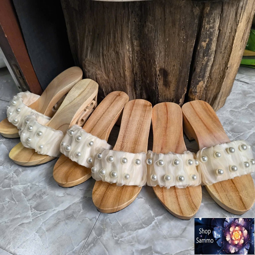 Guốc gỗ guốc mộc quai đính ngọc trai cao từ 2 đến 10 phân ( đế cao su 2 lớp )