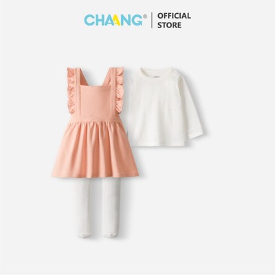 [CHAANG 6-18M] Set váy yếm kèm áo và quần tất bé gái Forest hồng Chaang