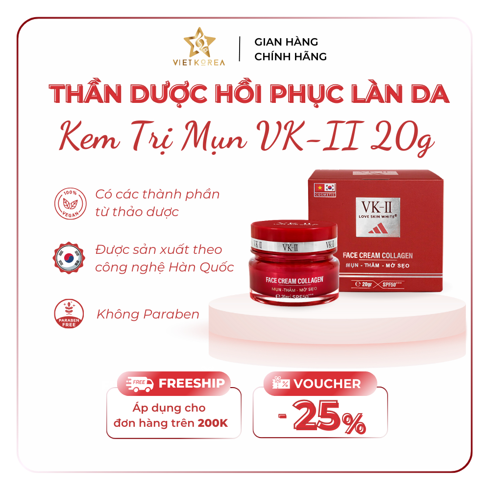 Kem dưỡng da giảm mụn mờ thâm sẹo VK-II Love Skin White Face Cream Collagen 20g