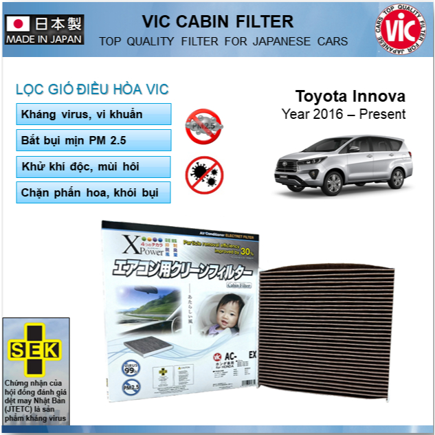 LỌC GIÓ ĐIỀU HÒA THAN HOẠT TÍNH CAO CẤP VIC, KHÁNG VIRUS, BẮT BỤI MỊN PM 2.5: TOYOTA INNOVA ĐỜI 2016 ĐẾN NAY