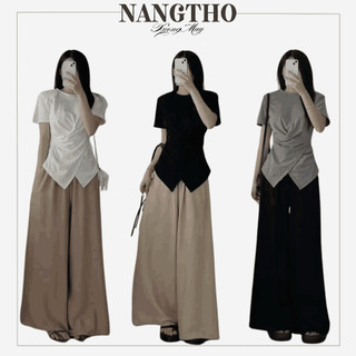  877 Bán Cả Set Áo tay ngắn tà chéo chất tăm mịn che khuyết điểm mix quần ống siêu rộng phủ gót tôn dáng vitage 
