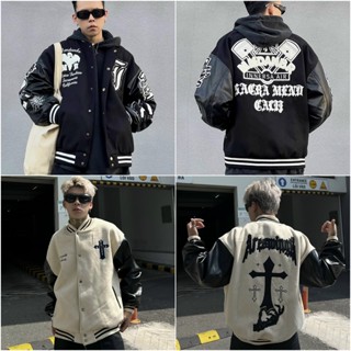 Áo Khoác Bomber Varsity Nỉ Dạ Phối Tay Da Chữ Thập Thêu Full Áo Nam Nữ Unisex