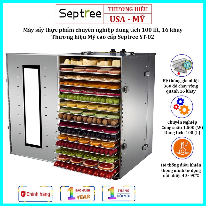 Máy sấy thực phẩm 16 khay, dung tích lớn 100L Thương hiệu Mỹ Septree ST-02 1500W - Hàng Chính Hãng