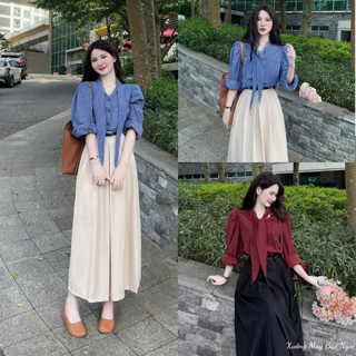 Set 3 Món Thu Đông - Áo Sơ Mi Công Sở Đính Khăn Quàng Mix Chân Váy Dài Dáng Hàn Kèm Thắt Lưng Loại 1