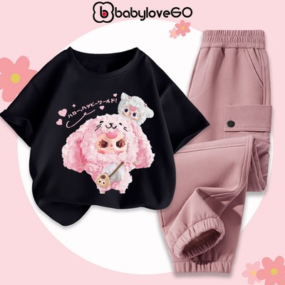 Đồ bộ bé gái BabyloveGO bộ áo thun cotton quần gió dài cho bé in hình Baby Three độc đáo BTG01-LB65