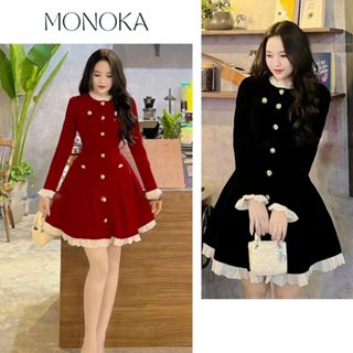 Váy nhung tiểu thư đỏ đen viền bèo cổ tay nắp túi sang trọng Đầm nữ chơi noel lễ tết giáng sinh dài tay xòe T714G MONOKA