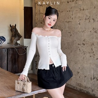 Áo kiểu KAYLIN trễ vai tay dài phối ngọc chất vải thun xốp mềm nhẹ phong cách cá tính - N2349