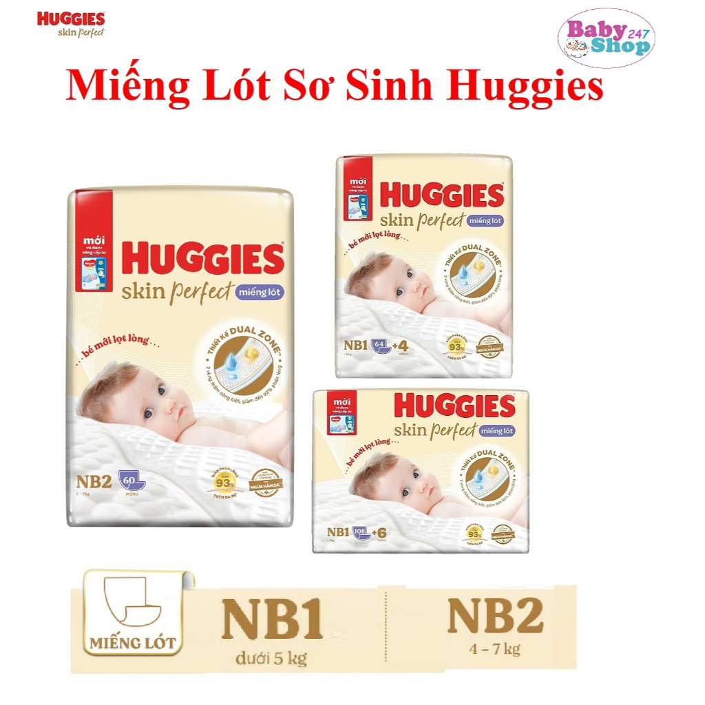 Miếng Lót Sơ Sinh Huggies Skin Perfect NB1 64+4/108+6 miếng <5kg