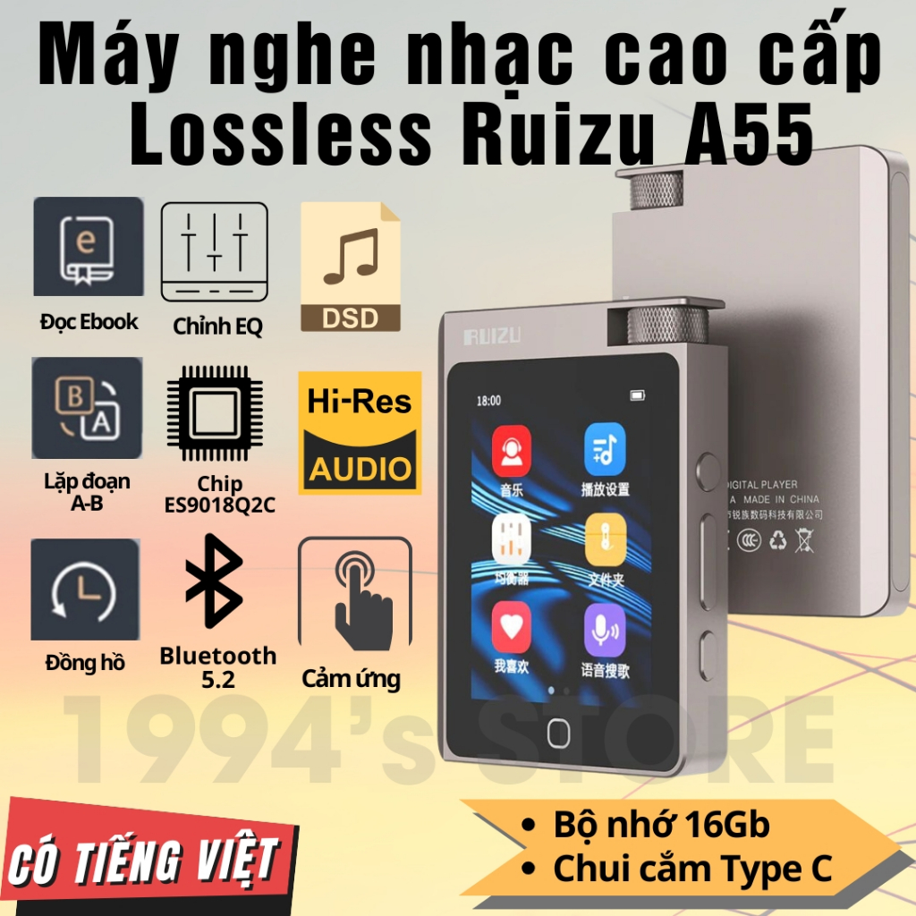 Bản 2026 Máy Nghe Nhạc Cao Cấp Ruizu A55 16GB Bluetooth 5.2 - Chip Âm Thanh DSD256, DAC HIFI, Hi-Res