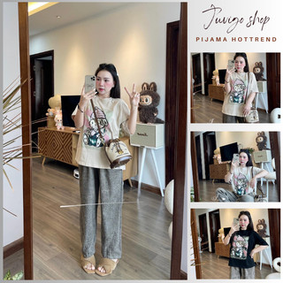 Đồ ngủ nữ thu đông,set đồ nữ áo phông cổ tròn cộc tay in hình dễ thương phối quần suông kẻ sọc buộc dây Juvigo HCOM3173
