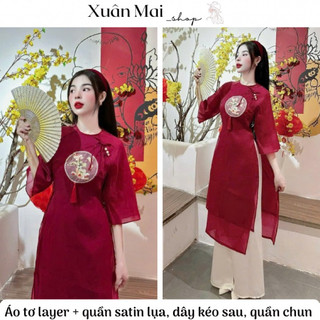 Áo dài Noel Tết đi cưới đi tiệc màu đỏ chất tơ thêu nổi tay lửng đính nơ ngọc 2 lớp layer cổ tròn cách tân siêu xinh