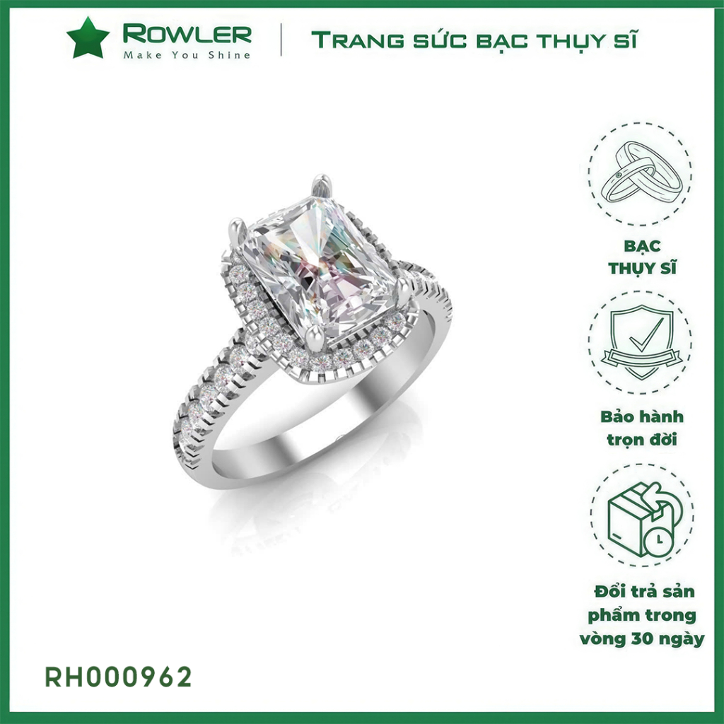 Nhẫn bạc Thụy Sĩ đính đá Moissanite chữ nhật Radiant cut 6*8 ly_Trang sức bạc chính hãng_ ROWLER