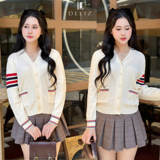 Áo cardigan nữ len dài tay chất lông thỏ mịn phối kẻ sọc ngang phối màu khoác ngoài form rộng cao cấp DELIZ