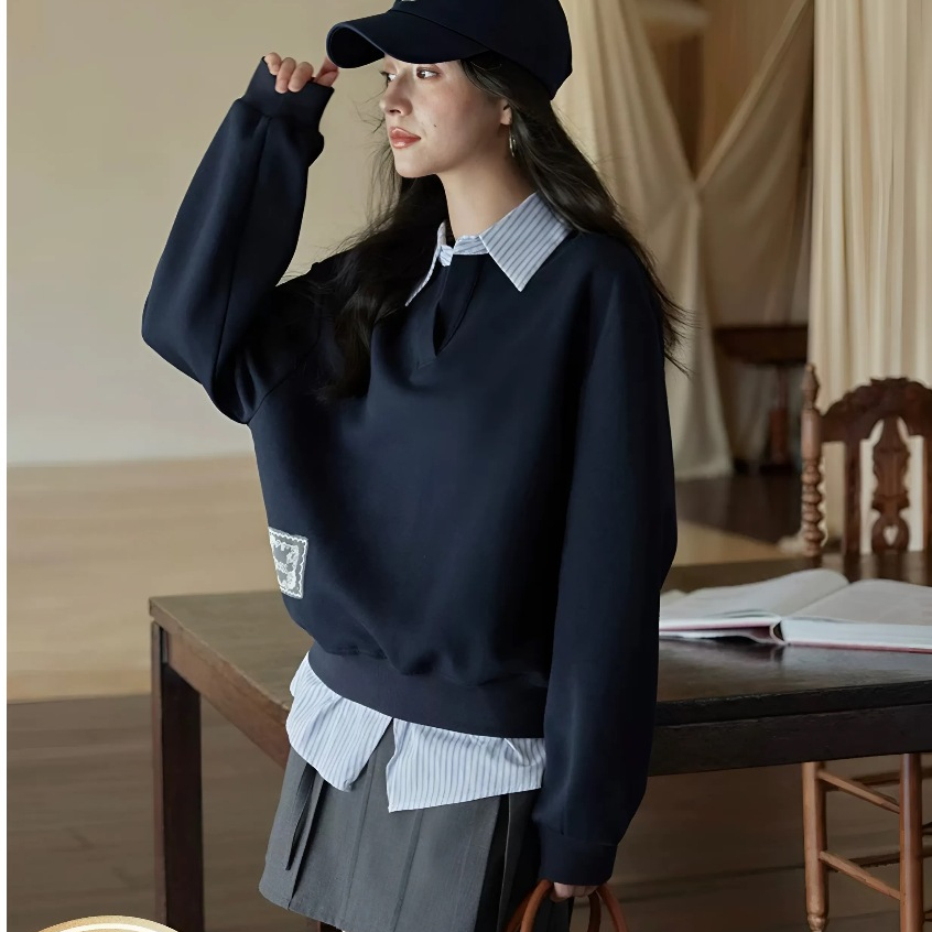 Áo sweater nỉ phối vạt cổ sơ mi nữ dài tay cao cấp Ciberti | BigBuy360 - bigbuy360.vn