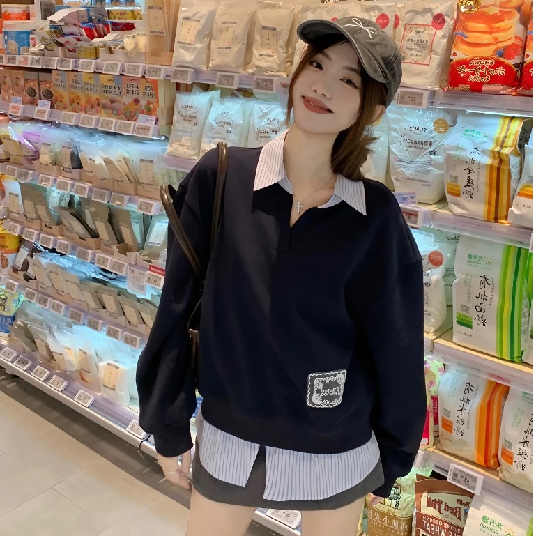 Áo sweater nỉ phối vạt cổ sơ mi nữ dài tay cao cấp Ciberti | BigBuy360 - bigbuy360.vn