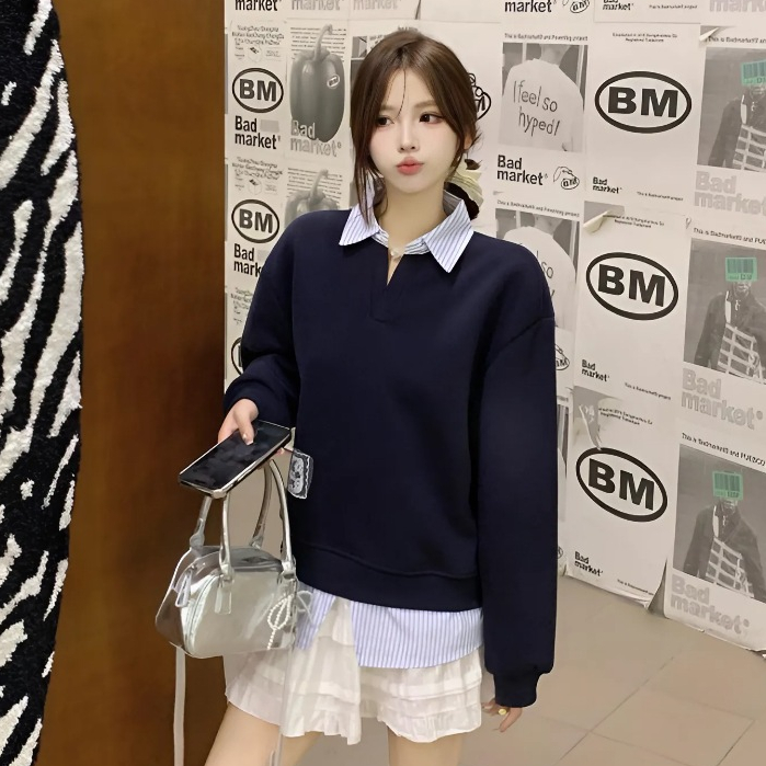 Áo sweater nỉ phối vạt cổ sơ mi nữ dài tay cao cấp Ciberti | BigBuy360 - bigbuy360.vn