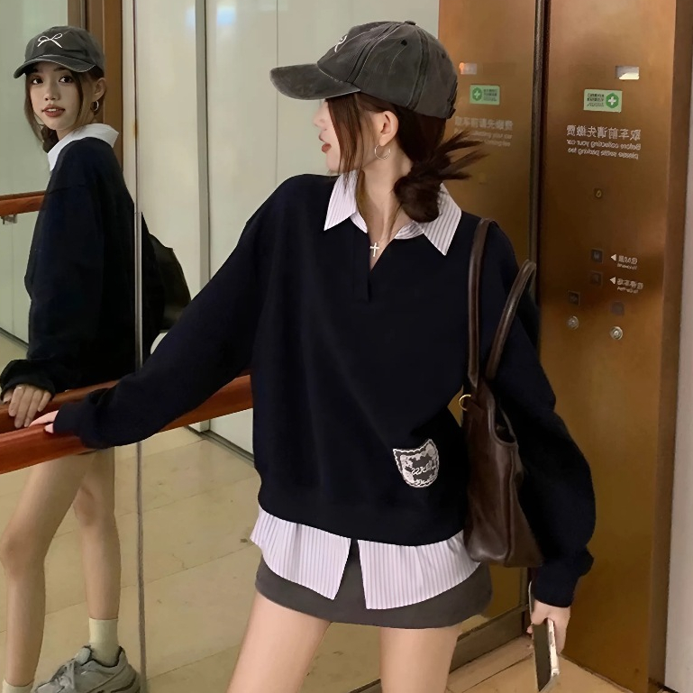 Áo sweater nỉ phối vạt cổ sơ mi nữ dài tay cao cấp Ciberti | BigBuy360 - bigbuy360.vn