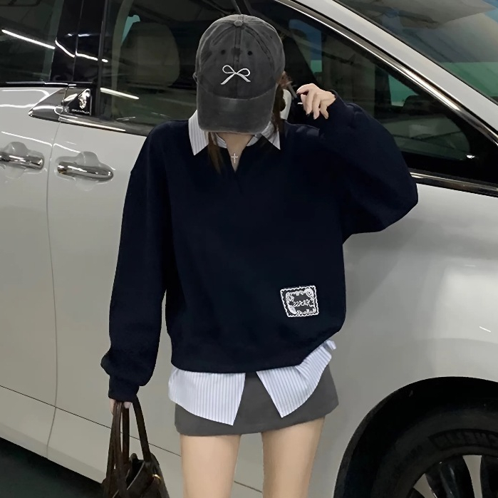 Áo sweater nỉ phối vạt cổ sơ mi nữ dài tay cao cấp Ciberti | BigBuy360 - bigbuy360.vn