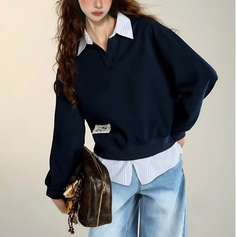 Áo sweater nỉ phối vạt cổ sơ mi nữ dài tay cao cấp Ciberti | BigBuy360 - bigbuy360.vn