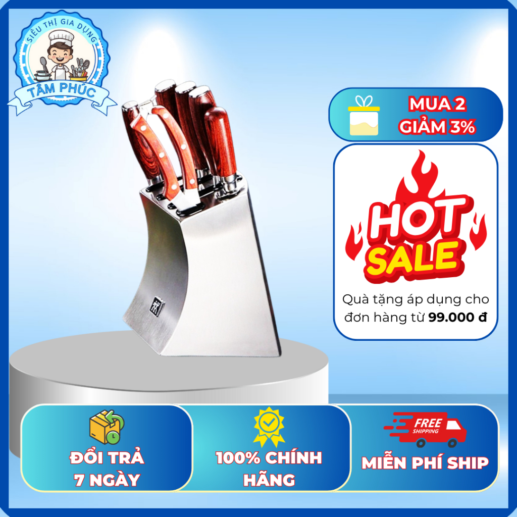 Bộ Dao Làm Bếp 7 Món Cán Gỗ Đỏ Tự Nhiên, Thép Không Gỉ Cao Cấp Của Đức – Sắc Bén, Đẳng Cấp