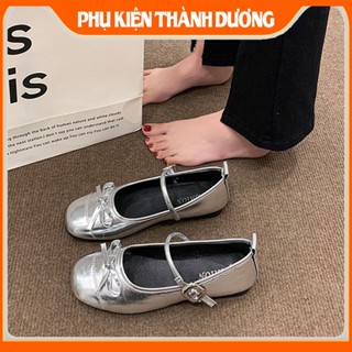 (Fullbox) Giày búp bê, Giày đế bệt đính nơ da mềm quai ngang khóa cài