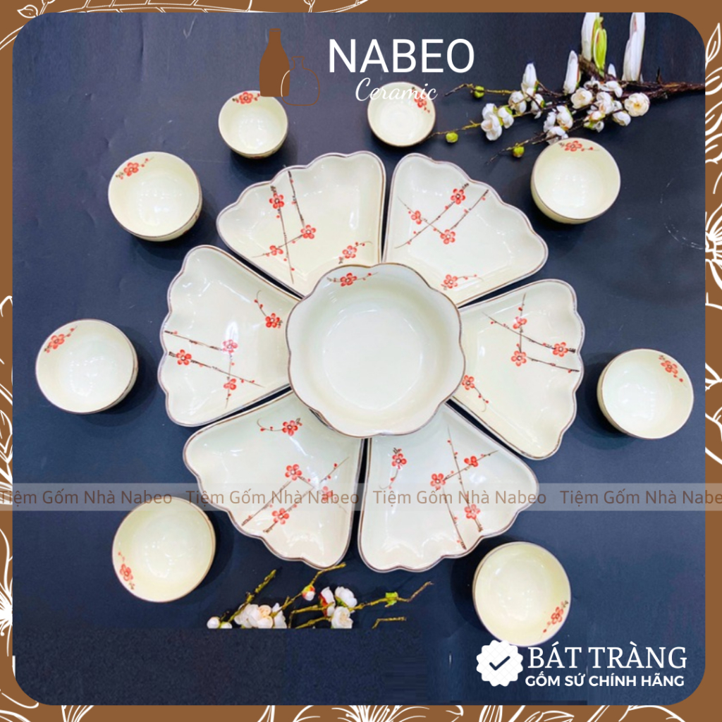 Bộ Bát Đĩa Gia Tiên Bát Tràng Đào Đỏ 2 Cành, Bộ Hoa Mặt Trời Thắp Hương, Gốm Sứ Bát Tràng