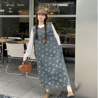 Đầm denim dáng dài không tay thêu hoa vintage, váy yếm nữ retro dáng suông chữ A 9304