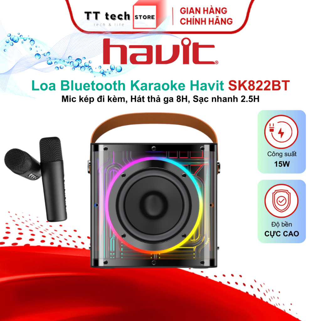 Loa Karaoke Havit SK822BT công suất 15W có kết nối kép, Âm mạnh mẽ đi kèm 2 Micro, Sử dụng đến 8H