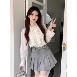 Áo sơ mi cổ bèo nơ trắng may xếp li dọc dáng rộng dài tay nữ tính thời trang nữ