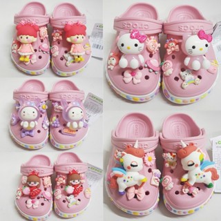 Tặng 12 Sticker-Dép Cross cho bé gái HannaKids Sục Cros Baya trẻ em Giày Croc Xăng đan màu Hồng viền hoa Sandal xuất dư