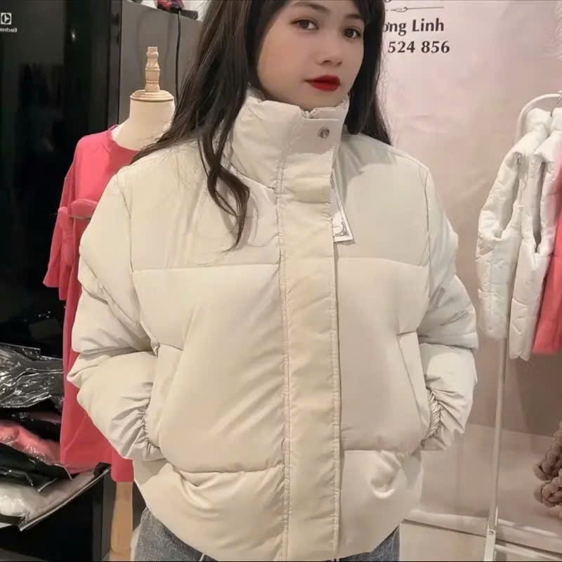 Áo phao nữ cổ cao form croptop, áo khoác phao trơn có dây rút chất liệu nhung lỳ dày dặn ấm áp