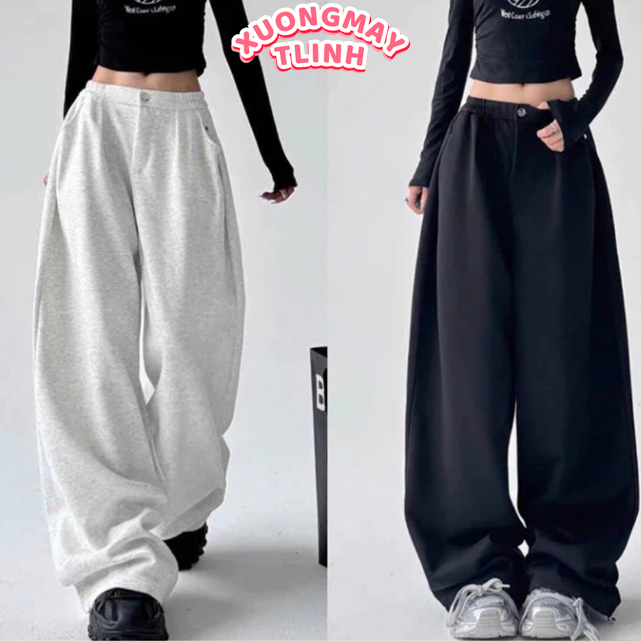 Quần Jogger Nữ Ống Rộng 𝗖𝗮̣𝗽 𝗖𝗵𝘂𝗻, 𝗖𝘂́𝗰 𝗜𝗻𝗼𝘅 Chất Nỉ Cotton Dày Dặn Mềm Mại Không Xù Có Dây Rút