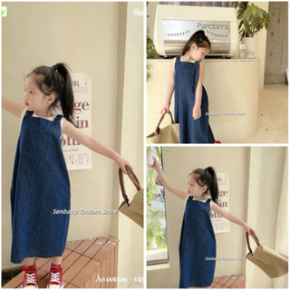 (Video/ ảnh thật) Yếm jean cho bé gái. Set yếm jean kèm áo cotton trắng Sofia Candy năng động cho bé 13-45kg