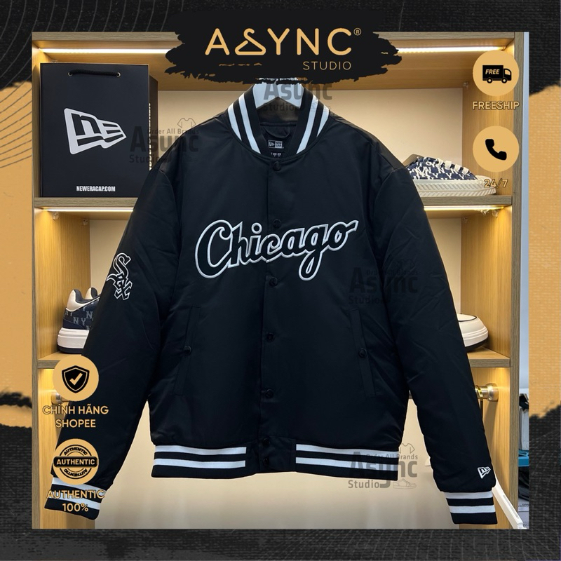 (Auth) Áo Khoác Bomber New Era x MLB Chicago Basic Logo Thêu Vải Dù Lót Bông Màu Đen CODE: 14397917 