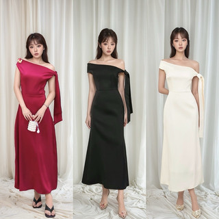   Có Bigsize Đầm lệch vai dáng dài đi tiệc cột dây    đen kem đỏ -Orimi 