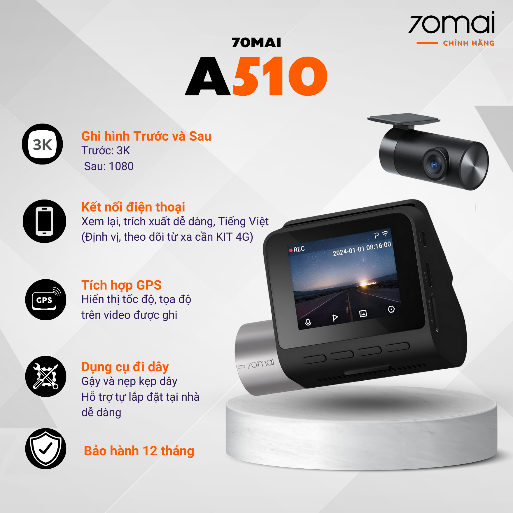 Camera hành trình 70mai A510 [Tặng Dụng Cụ Đi Dây] - Bản quốc tế, hỗ trợ Tiếng Việt, BH12 tháng