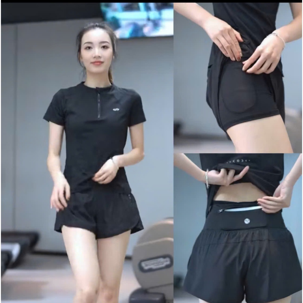 Bộ tập gym, yoga,chạy bộ nữ, quần áo tập gym yoga aerobic đạp xe chạy bộ nữ dáng đẹp Áo Cộc tay dây quần đùi 2 lớp(Ng09)